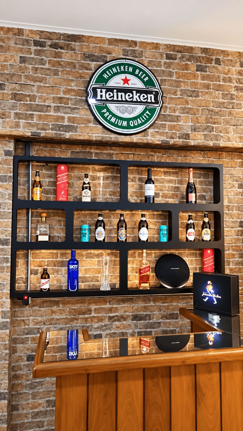 Balcão do bar com bebidas sobre tijolinho