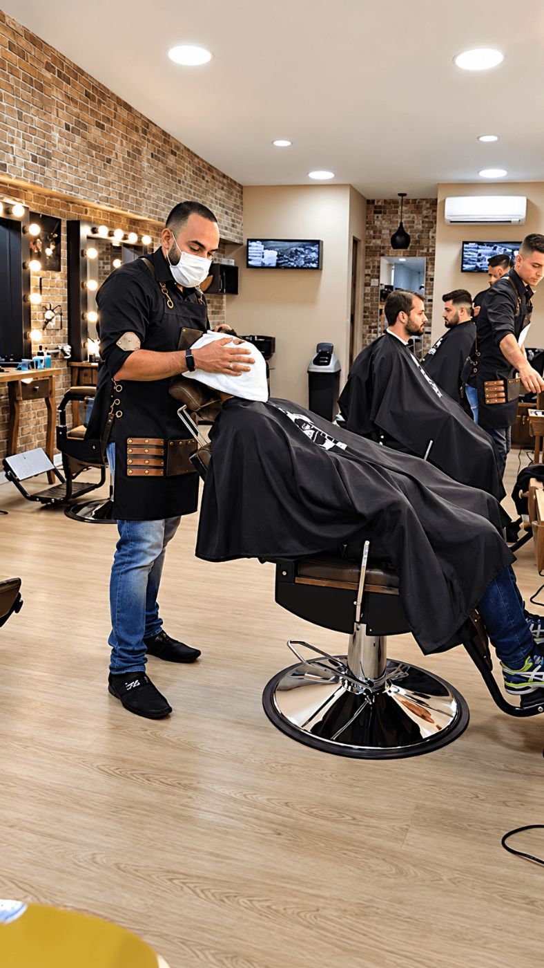 Barbeiro aplicando toalha quente no cliente