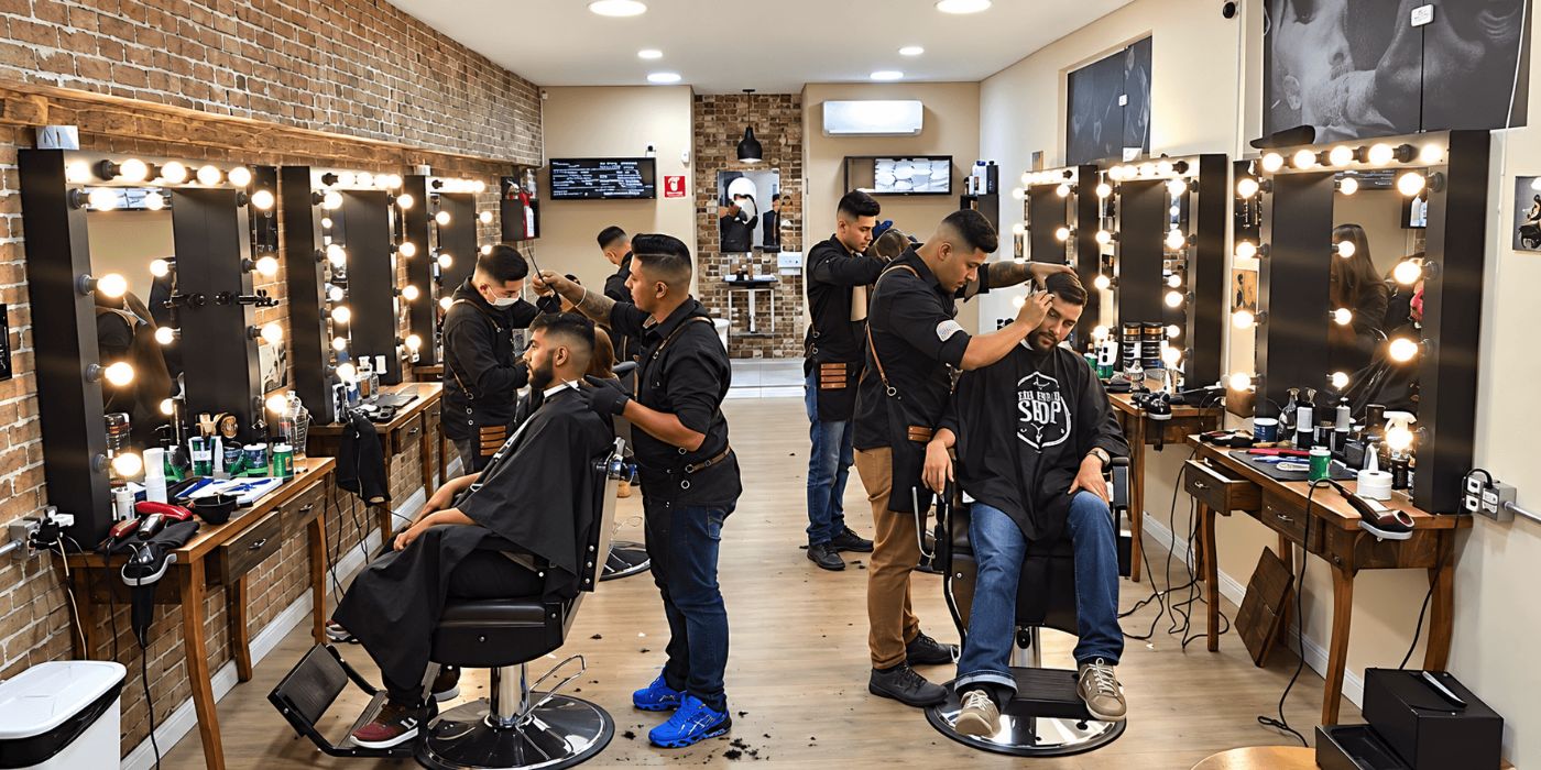 Salão com barbeiros uniformizados atendendo