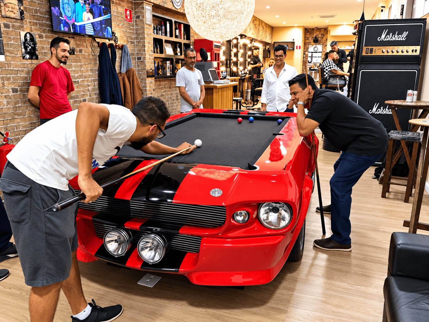 Turma jogando sinuca na mesa-carro